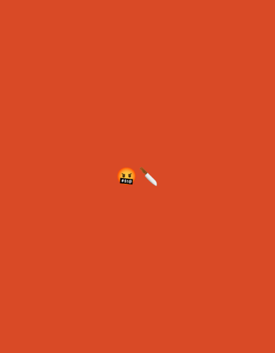 A close-up shot against a rust-orange background features an angry face emoji with symbols covering its mouth, positioned to the left of a white knife emoji. The emojis are positioned in the center of the image. The location of the image is unknown, and there is no other information about the place it was taken.