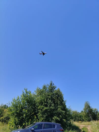 An airplane is visible flying in the clear blue sky over a rural landscape. Below the airplane, a thick line of green trees runs across the lower portion of the image. A dark-colored car is parked on the left side of the frame, partially obscured by the foliage. A dirt road is visible in the lower right corner, leading into the trees. The scene appears to be set in Vyl'gort, Russia, on a bright, sunny day.