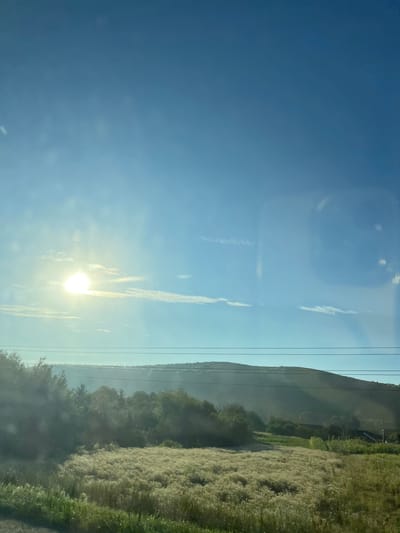 This is a landscape photograph taken in Oleshiv, Ukraine. The image depicts a sunlit field of tall grass in the foreground, with a line of trees and a gently sloping hill in the background. The sky is a clear blue with a few wispy clouds and the sun is bright, casting a soft glow over the scene. There are also power lines visible running across the middle ground. The overall impression is one of a peaceful, rural setting.
