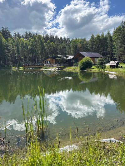 A serene, natural landscape is depicted, featuring a tranquil lake with a dense forest lining its far bank. The water's surface reflects the sky, complete with scattered clouds, and the surrounding trees. Several wooden structures are visible along the lakeside, including a large house with a dark roof, a smaller, rustic wooden shed, and a wooden deck or pier extending over the water. The foreground is characterized by lush green grass and tall reeds growing at the water's edge. The sky above is a mix of blue sky and dramatic white and grey clouds, suggesting a dynamic weather system. The overall impression is one of peaceful, rural seclusion. The location is identified as Vorsma, Russia.