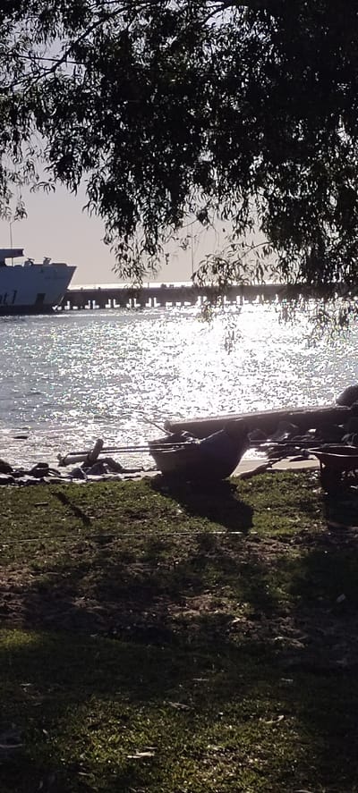 The image depicts a waterfront scene in Calang, Indonesia, likely during the daytime given the bright sunlight reflecting off the water. In the foreground, a grassy area transitions to a rocky shoreline where a small, dark-colored boat is beached. The boat appears to be empty and is positioned on its side, with oars resting inside. Further back, a pier extends into the water, supporting several pilings and a walkway. A large white vessel, possibly a ferry or cargo ship, is docked at the pier. The sun is high in the sky, creating a strong glare on the water and casting shadows across the scene. The foliage of a tree drapes over the top of the image, framing the view. The overall atmosphere is tranquil and suggests a quiet harbor or coastal area.