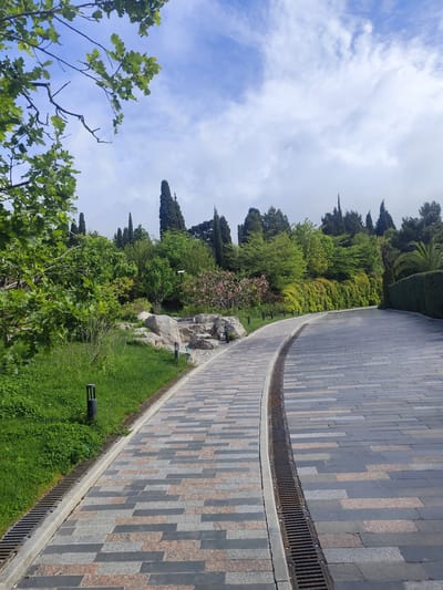 A paved road curves through a park in Симеизский поселковый совет, Ukraine. The road, made of gray and pink rectangular stones, has a drainage grate running along its left side. To the left of the road, a grassy area includes small black light fixtures. Trees and shrubs line the background and left side of the road. The sky is blue with scattered clouds. An overhanging tree branch is visible in the upper left corner.