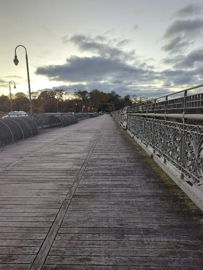 The image depicts a section of the Strawberry Mansion Bridge in Philadelphia, United States, under an overcast sky, likely during dawn or dusk. The foreground is dominated by a weathered wooden plank pedestrian walkway, extending into the distance, with a distinct longitudinal seam centrally located. To the immediate right, an ornate grey metal railing with intricate scrollwork patterns runs along the edge of the walkway. To the left, a vehicular roadway is visible, separated from the pedestrian path by a darker grey metal barrier composed of a series of arched, lattice-like sections. Several vehicles, appearing to be cars, are present on the roadway. Multiple black, curved lampposts with globe-shaped fixtures are spaced along the left side of the bridge. In the background, beyond the roadway, a dense line of deciduous trees, some displaying autumnal colors, extends across the horizon. The sky is covered with scattered grey clouds, exhibiting a faint yellow-white glow near the horizon. No individuals are visible on the pedestrian walkway.