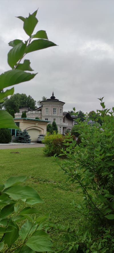 A grey, overcast sky looms above a large, ornate mansion with a circular tower in the city of Ангелово Клубная Резиденция, Russia. The mansion, painted in a light, neutral color, features decorative stucco work, multiple windows, and dark, conical spires atop its towers. In front of the mansion is a well-maintained green lawn dotted with small white flowers. To the left of the lawn, a large garage with a beige, arched door is visible, with a silver car parked outside it. Several evergreen trees, including a conical blue spruce, are planted in the vicinity of the garage and the mansion. Lush green foliage from nearby trees and bushes partially obscures the view of the mansion, framing the scene from the foreground. The overall impression is one of a grand, somewhat secluded residence on a cloudy day.