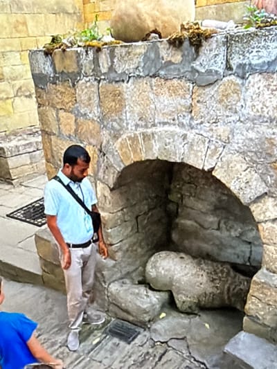 A man in a light blue short-sleeved collared shirt and light gray pants stands facing away from the camera, looking down. He has dark hair and a beard and is wearing a black bag slung across his chest. He is standing on a stone patio in front of a stone structure with an arched opening. Inside the archway, there is a stone sculpture that resembles a reclining animal, possibly a dog, with a round head and a long body. The stone structure appears to be weathered and has vegetation growing on top. The background shows more stone structures. The scene is outdoors, possibly in a historical or park setting. There is a partial view of a person in a blue shirt on the left side of the image, facing away from the camera. The image does not provide any specific information about the city of Lopatino, Russia.