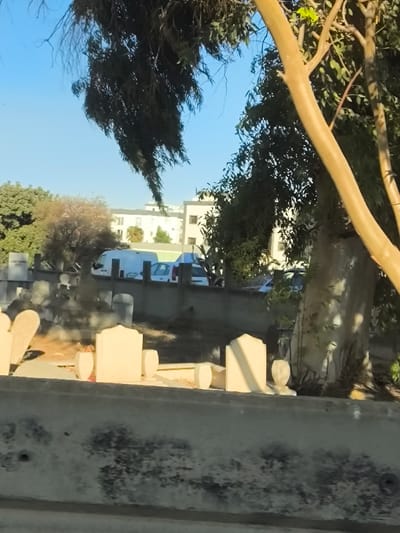 The image presents a daytime scene in a cemetery located in Gonyeli, Northern Cyprus. The foreground is occupied by the top edge of a weathered, dark-stained concrete barrier. Immediately behind this barrier, the midground displays multiple light-colored, predominantly beige, upright tombstones and horizontal grave markers arranged on reddish-brown earth within the cemetery. Further back, another low wall delineates the cemetery boundary, behind which several vehicles, including at least two white vans and a white car, are visible on what appears to be a street or parking area. In the background, modern, multi-story buildings with light-colored facades are discernible. The scene is framed by dense green foliage from trees; a large tree with a light-brown, thick trunk is prominent on the right, and dark green leaves partially obscure the upper left corner. The sky is clear and bright blue. No individuals are present in the image.