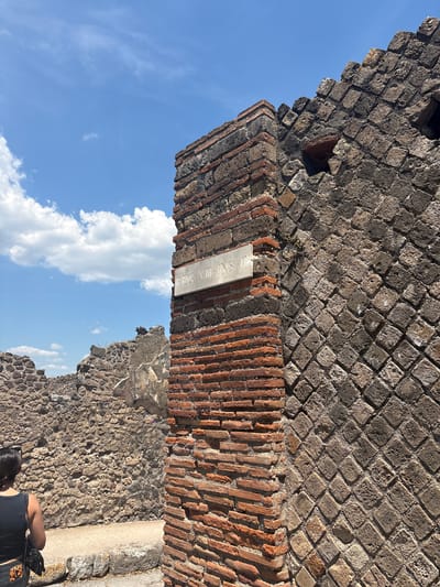 The image depicts a section of a brick and stone wall, a component of the ruins in Pompeii, Italy, under a blue sky with scattered white clouds. The wall is composed of dark, diamond-patterned stonework above, and a layer of red bricks below. A white sign is affixed to the brick section of the wall, bearing the inscription "REG. VIII - INS. II." The wall shows signs of age and disrepair. In the lower right corner, a person's shoulder and portion of their clothing are visible. The background shows other ruined walls, indicative of the ancient city's architecture. The scene is illuminated by sunlight.