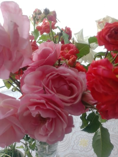 This is a close-up, eye-level, indoor shot of a bouquet of roses. The roses are predominantly pink and red, with some white roses also visible. The flowers are in various stages of bloom, with some fully open and others appearing as buds. Green leaves are interspersed throughout the bouquet. The bouquet is in a clear glass vase, which is partially visible at the bottom of the frame. The background consists of a white, possibly overcast sky, and a patterned tablecloth. There are no people or animals present in the image. The image does not provide any information that would allow for the determination of its location in Ashaga-Stal-Kazmalyar, Russia.
