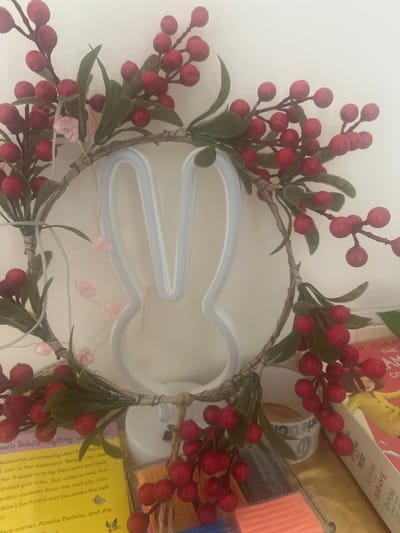 The image displays a close-up, slightly blurry shot of an Easter-themed decoration. A wreath, adorned with faux red berries and green leaves, encircles a translucent white outline of a bunny's head. The bunny outline appears to be a neon light fixture, currently unlit. Small, pink, heart-shaped lights are also woven into the wreath. The background consists of a plain, off-white wall. Below the wreath, various objects are partially visible, including the spines of two books with titles like "The Amazing" and "Ramona the Brave," and a roll of tape. The scene is static and appears to be indoors, likely on a shelf or table. There are no people present in the image. The image does not contain any information to suggest it is located in Hadera, Israel.