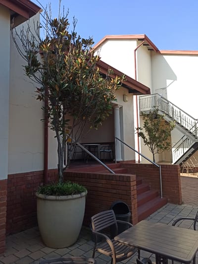 This image depicts an outdoor courtyard area at a building in Pretoria, South Africa. The scene is dominated by a large, light-colored pot containing a tree with green leaves and bare branches, situated on a paved patio area. Adjacent to the pot is a brick retaining wall with red brick steps leading up to a covered entryway.
The building itself is rendered in a cream-colored stucco with a reddish-brown trim around the roofline. To the right of the main structure, a metal staircase with black railings ascends against the building's facade. Several chairs and tables, made of dark brown plastic, are visible on the paved courtyard, suggesting a seating or dining area. A black trash receptacle is also present near the steps. The sky is a clear, bright blue, indicating fair weather. No people are visible in the frame. The overall impression is of a functional, outdoor space associated with an institutional or residential building.