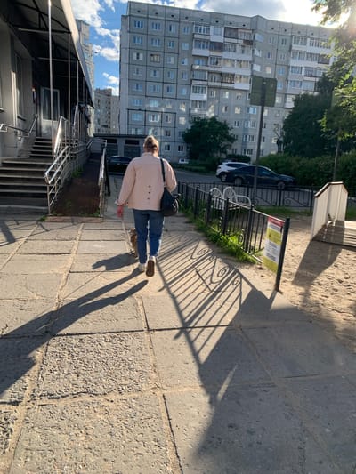 The image depicts a person walking on a paved sidewalk in a residential area. The person, seen from behind, is wearing a light-colored jacket, blue jeans, and brown shoes, and carries a dark bag over their shoulder. A small dog walks beside them. In the background, a large, multi-story apartment building with numerous windows dominates the scene. A metal fence with decorative elements lines the sidewalk, and beyond that, trees and parked cars are visible. The time of day appears to be late afternoon or early evening, as indicated by the long shadows cast by the fence and the person. The weather seems to be clear and sunny, with a few clouds in the sky. The setting suggests a typical urban environment in Russia, specifically Severodvinsk, as indicated by the architectural style of the building. A yellow sign with red text is attached to the fence, but the text is illegible.