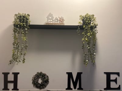 A shelf with decorative items is mounted on a white wall. On the left side of the shelf, a potted plant with cascading green vines hangs down. In the center of the shelf, there is a wooden plaque with the words "HOME sweet HOME" written on it, and three small white house cutouts, two with bicycles. On the right side of the shelf, another potted plant with similar cascading green vines hangs down. Below the shelf, large black wooden letters spell out "HOME" with a small wreath between the letters "O" and "M". The scene appears to be an indoor decoration in a home or business.