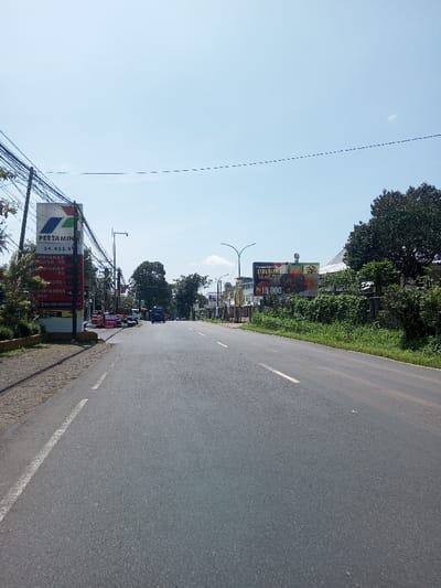 This image captures a wide-angle view of a two-lane asphalt road extending into the distance under a clear, light blue sky. Visually, the scene indicates a location in Indonesia, contradicting the provided location of Beteng_Pangkhar_Somthrang, Bhutan, due to the presence of an Indonesian Pertamina fuel station sign and an "Ayam Bakar" billboard with Rupiah pricing.
On the left side of the road, a tall, white and red Pertamina fuel price sign displays various fuel types and prices: "34.432.0" at the top, followed by "PERTAMAX TURBO 98", "PERTAMAX 92", "PERTALITE 10", and "PERTAMINA DEX". Dense overhead power lines and cables are strung above the sign and across the upper left quadrant of the frame. Green foliage and trees line the immediate left roadside, behind a concrete shoulder. Further down the road, a dark blue van or bus is visible, alongside other distant vehicles and structures.
The road itself has a white dashed line marking the left edge and yellow dashed lines in the center, indicating traffic lanes. On the right side of the road, a large billboard advertises "AYAM BAKAR" (grilled chicken) for "Rp 19.000", prominently displaying images of food. Below and in front of the billboard, lush green vegetation, bushes, and trees grow along the roadside. Utility poles and modern streetlights with curved arms are spaced along both sides of the road. In the far distance, the road appears to curve slightly, flanked by more trees and commercial or residential buildings. No discernible human figures are present in the immediate foreground or mid-ground. The lighting suggests bright daylight conditions.