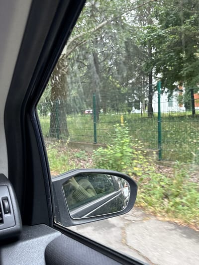 The media file captures a view from inside a vehicle, looking outwards through a side window and a partial view of what appears to be a sunroof or open roof. The setting is an outdoor, green environment, likely a roadside or park area within the Cukarica Urban Municipality, Serbia.
In the immediate foreground, parts of the car's interior are visible, including a dark door frame, window seals, and a control dial on the dashboard. A prominent black side mirror on the right reflects a portion of the vehicle's exterior and a ribbed fabric, possibly from a seat or clothing.
Beyond the vehicle, a green wire or chain-link fence runs horizontally across the scene, separating lush green vegetation in the foreground from a dense canopy of trees and bushes in the background. A paved path or road is visible on the right side, extending into the distance alongside the fence. A small, indistinct red and white object can be seen hanging or placed near the fence in the mid-ground. Faintly in the distance behind the fence, a structure, possibly a building, is visible.
The lighting suggests it is daytime, with diffused light indicating an overcast sky or soft sunlight. There are no strong shadows, and the weather appears calm. No people are present in the image, and no visible text can be discerned.