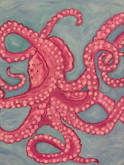The image is a painting of a pink octopus with suction cups against a light blue background. The octopus's tentacles are curved and spread out. The painting style is impressionistic, with visible brushstrokes. There is no discernible location in the city of Elx / Elche, Spain.
