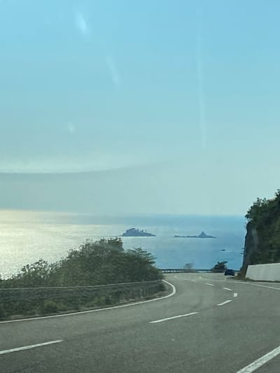 The image depicts a coastal road winding along a mountainside overlooking a body of water with islands. The road is paved with white lines marking the lanes and a curb. Dense green foliage covers the mountainside bordering the road. The sea is visible in the distance, stretching to the horizon, with several islands dotting the landscape. The sky is a clear, light blue. The scene appears to be captured from a moving vehicle, possibly from the passenger seat, given the perspective and slight blur. The time of day appears to be daytime, likely morning or afternoon, with bright, soft lighting. The overall atmosphere is serene and picturesque, suggesting a scenic drive along a beautiful coastline. There is no visible text in the image.