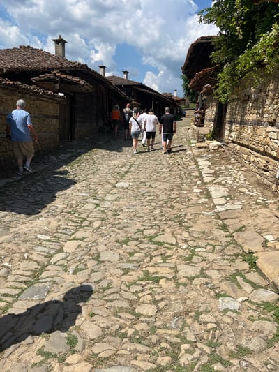 The image depicts a cobblestone street in Zheravna, Bulgaria, lined with traditional stone and wooden houses. A group of five individuals, likely tourists, are walking down the street away from the camera. The person in the foreground on the left is wearing a blue shirt and tan shorts. To their right, a woman in an orange top and shorts is followed by three people in white and black tops and shorts. The architecture suggests a historic village setting with tiled roofs and stone walls. The sky is partly cloudy, and sunlight casts shadows on the cobblestones, indicating it is daytime. The ground is uneven, made of irregularly shaped stones with patches of grass growing between them. The scene captures a moment of exploration in a well-preserved traditional Bulgarian village.