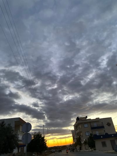A cloudy sky dominates the view, with varied shades of gray and white. Below the clouds, a street scene unfolds, featuring buildings, trees, and utility poles. The setting sun paints the horizon with a vibrant orange glow, adding a striking contrast to the dark clouds. The image appears to be taken from a low angle, enhancing the scale of the sky and the clouds.