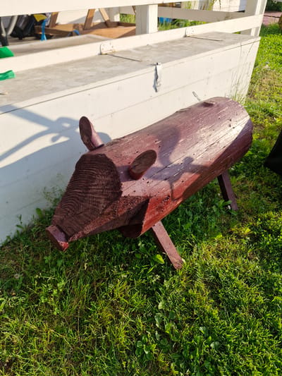 A log carved into the shape of a pig with reddish-brown paint sits on a patch of green grass. The pig's head is pointed to the left, and it has two wooden ears and a snout. The body of the pig is a log with visible grain and some imperfections. The pig is supported by two wooden legs. In the background, there is a white wooden structure with a grey surface on top, possibly a bench or table. Sunlight casts shadows on the white structure and the pig. The environment is outdoors, with grass covering the ground and hints of foliage. The location is the city of Sorochkino, Russia.