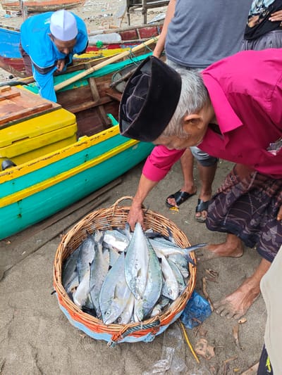 In Curehtunong, Indonesia, an elderly man wearing a pink shirt, a black skullcap, and a patterned sarong is reaching into a wicker basket filled with freshly caught fish. The basket sits on a sandy beach, next to a brightly painted turquoise and yellow wooden boat. Another person in a blue shirt and white skullcap leans into the boat, and partially visible is a person in a gray t-shirt. The scene appears to be a market or a post-fishing gathering.