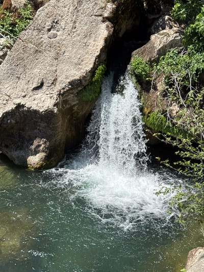 The image shows a waterfall cascading into a body of clear, greenish water. Large, grey rocks frame the waterfall, with lush green vegetation growing on their surfaces and along the edges. The water is turbulent at the point of impact, creating a spray of white foam. The surrounding environment appears natural and rugged, with sunlight dappling the scene and highlighting the textures of the rocks and water. This appears to be a natural landscape, possibly a river or stream in a rocky gorge. There are no people or man-made structures visible. The location is described as being in the city of Donji Brčeli, Montenegro.