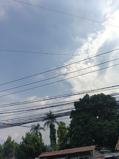 The image depicts an overhead view of a street scene in Bien Hoa, Vietnam, focusing primarily on the sky, utility infrastructure, and foliage. The upper portion of the frame is dominated by a light blue sky with scattered white and grey cumulus clouds, particularly dense on the right. Numerous black electrical or communication cables crisscross the frame horizontally at various levels, occupying the mid-ground. Below the dense network of cables, a variety of trees are visible: a cluster of dark green evergreen trees on the left, two distinct palm trees with tall trunks in the mid-left, and a large, dense-canopied deciduous tree with dark green leaves on the far right. In the lower-center, the upper section of a building is visible, characterized by a reddish-brown tiled roof and a light-colored wall beneath it. Faint indications of another structure or cluttered area are present to the right of this building. No individuals or specific activities are depicted in the scene.