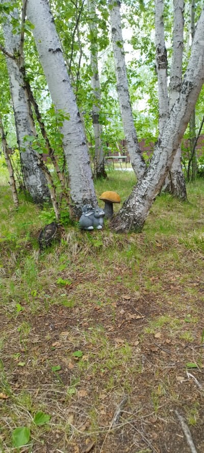 This is a vertical, eye-level shot of a wooded area in Magan, Russia. The foreground is filled with dry grass, leaf litter, and sparse green shoots. In the mid-ground, at the base of several birch trees, sits a gray, ceramic rabbit figurine. Beside the rabbit, to its right, is a ceramic mushroom figurine with a brown stem and an orange cap. The background consists of more birch trees with white bark and green foliage, with hints of a wooden fence and a table and chairs visible in the distance through the trees. The lighting suggests it is daytime, possibly overcast given the diffused light.