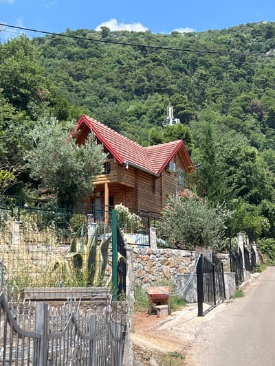 A rustic wooden cabin with a red tiled roof sits nestled on a densely forested mountainside under a clear blue sky. The cabin, constructed from horizontal logs, features several windows. In front of the cabin, a well-maintained garden with a fence and large agave plants is visible. A gravel road runs alongside the property, bordered by a stone wall and black metal fencing. In the distance, the verdant mountain slopes are covered in thick green trees. The sun appears to be high in the sky, indicating a daytime scene. There is no discernible activity or event taking place, and no text is visible in the image. The setting suggests a peaceful, natural environment, likely in a rural or mountainous area.
