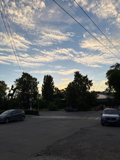 This image shows a street scene in Semiluki, Russia, during the daytime. The sky is filled with wispy white clouds against a clear blue backdrop, suggesting fair weather. Several power lines stretch across the frame from the left, diagonally towards the top right.
On the right side of the image, a paved road runs parallel to a sidewalk or pedestrian area. Trees with dense green foliage line the street, casting shadows. A pedestrian crossing is marked on the road with yellow and white stripes.
Several cars are visible. A blue car is parked on the right side of the road, facing away from the camera, with its license plate showing "Q287EB136". Further down the road, a dark-colored car is parked, also facing away from the camera. Another dark-colored car is parked on the right side of the road in the foreground, partially visible.
A blue and yellow pedestrian crossing sign is mounted on a pole among the trees. The overall scene depicts a quiet street in a residential or suburban area, likely in the late afternoon or early evening given the angle of the sunlight and the soft lighting.