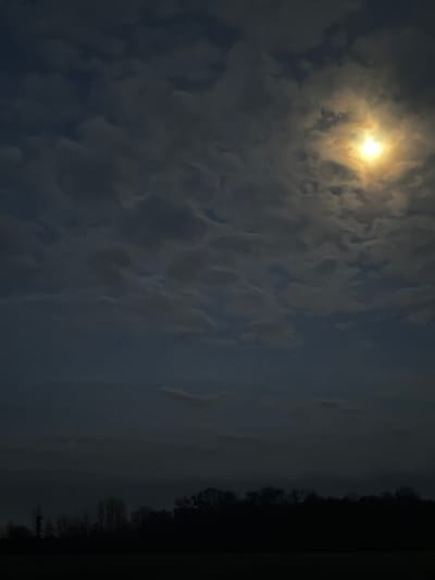 The image captures a nocturnal scene, likely taken in Hœrdt, France, under a cloudy sky. A very bright, luminous celestial body, consistent with the moon or a prominent star, radiates a golden-yellow light from the upper left portion of the frame. It shines through extensive cloud cover, which appears thick and textured with rippled or undulating patterns, predominantly in shades of dark grey and bluish-grey.

The sky is dark, affirming the nighttime setting, with the celestial body serving as the primary light source, casting a soft glow on and around the clouds. Along the bottom edge of the image, a dark, silhouetted band represents a landscape feature, likely a dense treeline or forest edge, indistinct due to the lack of light. No specific details of the ground or trees are discernible. There is no visible activity or text. The scene evokes a sense of tranquility and natural beauty, characteristic of a cloudy night illuminated by a bright celestial object.