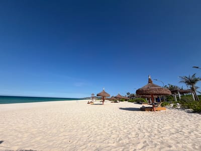 This is a wide-angle, eye-level outdoor photograph of a sandy beach in Cam Ranh Ward, Vietnam. The sky is a clear, bright blue, occupying the upper half of the frame. The beach is composed of light-colored sand with visible ripples and shadows from an unseen light source. In the middle ground, several thatched-roof umbrellas are scattered across the sand, some with lounge chairs underneath. To the left, a lifeguard tower with a red flag is visible. Further into the distance, the turquoise ocean meets the horizon under the blue sky. Palm trees and dense green foliage line the back of the beach. A few scattered people are present on the beach, some near the lifeguard tower and others relaxing under the umbrellas. The scene depicts a tranquil beach resort atmosphere.