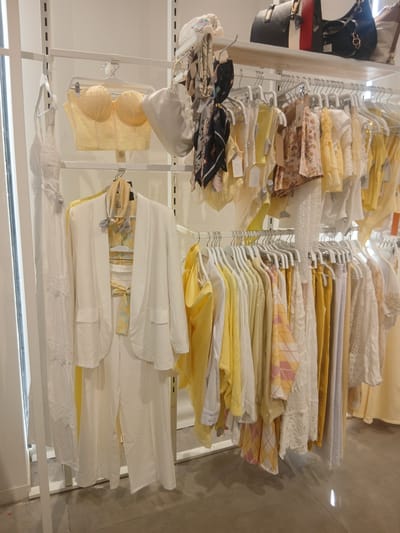 This media file shows a retail display of women's clothing, predominantly in yellow and white hues. The items are arranged on hangers and shelves within a store setting. The subjects are primarily garments, including dresses, tops, and undergarments like bras. There are no people visible in the image.
The scene depicts a neatly organized retail environment, likely a boutique or a department store section. The clothing is folded or hung, with some items featuring intricate lace details or patterned fabrics, such as a floral print and a diamond-shaped pattern in yellow and pink. The overall impression is one of a bright and airy display, suggesting a focus on spring or summer fashion.
Notable details include the use of white metal shelving units and hangers, common in retail displays. The lighting in the store appears to be artificial, providing a consistent illumination of the merchandise. The background shows a wall with a textured finish, possibly concrete or a similar material, giving a clue to the store's interior design. There are no explicit time-of-day or weather cues, as the scene is indoors. No visible text is present on the garments themselves, although price tags or brand labels might be present but are not legible. The location context of Ávila, Spain, is provided but not directly evident from the visual information within the image.
