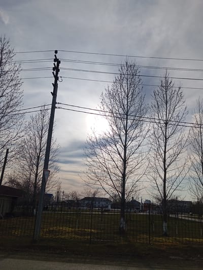 The image depicts an outdoor scene in the city of Yurgamysh, Russia. The sky is overcast with high clouds, and the sun is obscured behind the clouds. There are several leafless trees, their branches silhouetted against the sky. A utility pole stands in the foreground with power lines strung across the top of the frame. The utility pole has a traffic sign affixed to it. A metal fence runs parallel to the road or path. In the background, buildings are visible. A grass area and possibly some vegetation are visible behind the fence. The image appears to be taken at ground level.