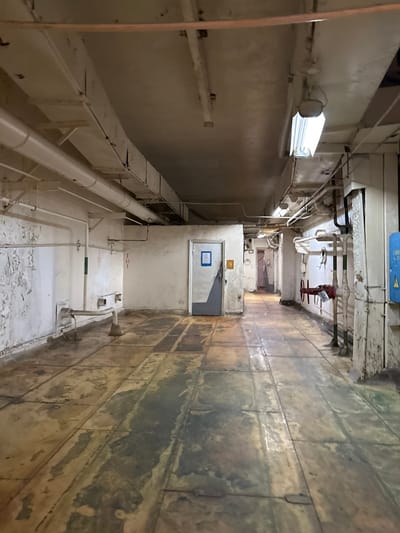 The image depicts an abandoned utility corridor within a building in Pryp'yat', Ukraine. The perspective is a straight-on view down a long, narrow passageway.

The floor is covered with large, rectangular, discolored tiles or concrete slabs, heavily stained with dark, wet-appearing patches and grime. The off-white walls exhibit extensive peeling paint, revealing a darker, rougher surface beneath. On the left wall, white PVC pipes run horizontally, supported by brackets, with a U-shaped pipe fixture near the floor. Faint red and green vertical markings are visible on this wall.

The ceiling is concrete, crisscrossed by exposed pipes, ventilation ducts, and electrical conduits. A single fluorescent light fixture, illuminated and hanging in the mid-ground, casts light down the corridor.

In the mid-ground, a grey metal door is set into a wall on the left side of the corridor. A blue rectangular sign is affixed to the upper portion of this door, and a small, gold-colored emblem or sign is mounted on the wall to its right. The door shows a triangular shadow on its lower panel. Beyond this door, the corridor continues, with another partially visible doorway further down on the right.

The right wall features numerous exposed pipes and conduits, some painted green and black. A prominent red wheel valve is attached to a vertical pipe assembly. Further right, a rectangular blue electrical panel or box is mounted high on the wall.

No individuals are present. The scene is characterized by advanced deterioration, consistent with a long period of abandonment and environmental exposure.