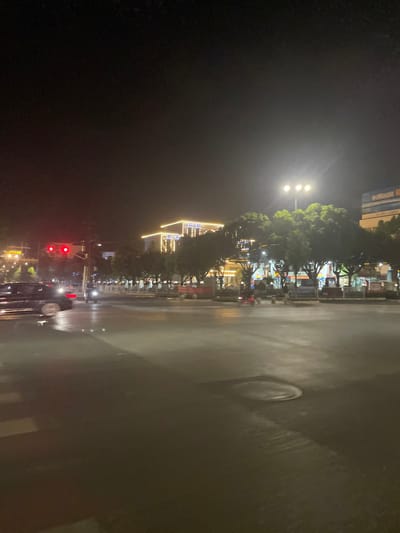 This forensic description details a nocturnal street scene in Dali City, China. The environment is an urban road intersection under a dark sky. The asphalt road surface in the foreground and mid-ground is visibly wet and highly reflective, suggesting recent precipitation. A circular manhole cover is distinctly visible in the lower-right foreground. In the mid-ground, a dark-colored sedan or SUV is stationary on the left, displaying illuminated red taillights. Directly behind it, a motorcycle or scooter is also visible, with its front light creating a light streak. A traffic light pole on the left displays two active red signals. Across the multi-lane road, a median strip features a line of dense green trees and low barriers. A bright, three-headed streetlight is positioned above the trees on the right, casting significant illumination. Another motorcycle or scooter is in motion further right. In the background, multiple buildings are present. A prominent building features illuminated golden string lights outlining its roof and structure. To its right, another building displays a large, partially obscured sign with blue and white elements. No discernible individuals are visible within the frame.