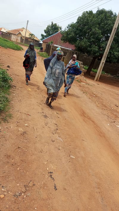 Four women are walking along a dirt road in Kagarko South, Nigeria. The road is dry and dusty, with some sparse vegetation on the left side. In the background, there are buildings with corrugated metal roofs and brick walls. A large tree with lush green leaves stands to the right of the road, near a utility pole. The women are dressed in colorful traditional clothing, with headscarves. One woman in the foreground wears a blue and white patterned dress and headscarf. She is walking with her head down. Another woman behind her wears a blue and white patterned dress and headscarf. The woman in front of her wears a patterned blue and white dress and headscarf. The woman in the furthest back wears a black and white patterned dress and headscarf, carrying a black bag in her left arm. The women appear to be walking together. The sky is overcast.