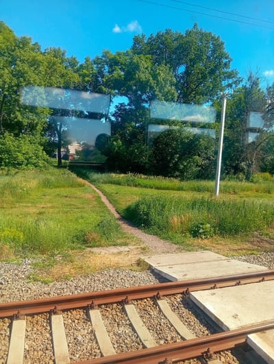 The image depicts a railroad crossing in Abazivka, Ukraine, on a sunny day. The foreground features two sets of railroad tracks with concrete ties and ballast. In the middle ground, a narrow dirt path winds through tall green grass and weeds. Beyond the path, a dense line of trees and bushes forms the background, with a hint of a building with a tiled roof visible through a gap in the foliage. The sky is a clear, bright blue with a few scattered white clouds. Reflections are visible on what appears to be a window or glass surface in the upper portion of the image, showing the sky and trees. A single white utility pole stands near the center-right of the frame.
