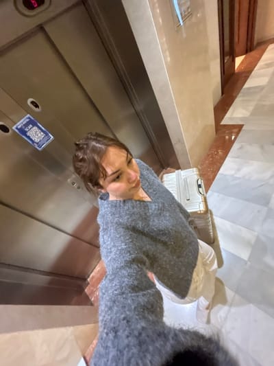 A person stands in an elevator holding luggage, wearing a gray sweater. The elevator's control panel, including a "scan" QR code, is visible. The elevator opens onto a landing with stairs and marble walls. The scene is slightly tilted, giving a disoriented perspective.