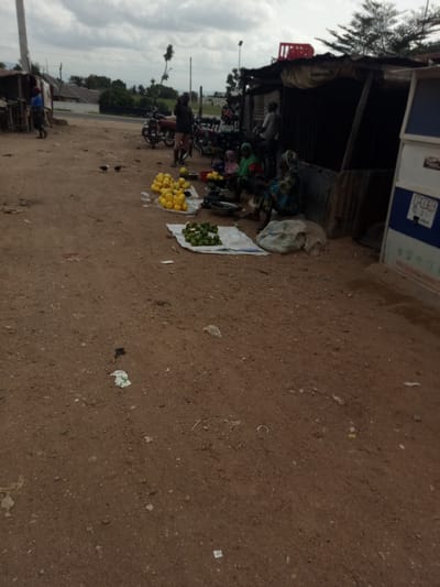 This media file shows a street scene in Karshi, Nigeria, likely a market day given the presence of produce for sale and people gathered. In the foreground, the ground is dusty and brown, with scattered debris. Several piles of fruit, appearing to be lemons or limes and possibly other yellow fruits, are arranged on white cloths, indicating a vendor's stall. Nearby, a pile of green fruits, possibly avocados, is also on display.
Several people are visible. Two individuals, a man and a woman, are sitting on the ground near the fruit stalls. A woman in a patterned dress is seated, and another woman in a green headscarf is also sitting. Behind them, a person is standing and looking towards the camera. Further in the background, other individuals are near a market stall or a makeshift shelter constructed from corrugated metal and wood. A person in a blue shirt and dark pants is walking away from the camera on the left side of the scene. Two motorcycles are parked nearby.
The setting appears to be an outdoor market area along a dirt road. Behind the market stalls, there are some buildings and vegetation. The sky is overcast with clouds, suggesting a cloudy day. The time of day is difficult to determine precisely, but the lighting is diffused, consistent with an overcast sky. There is no visible text in the media file. The overall impression is one of a bustling local marketplace.