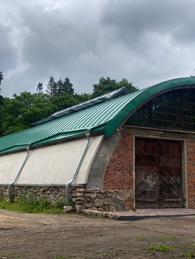 The image depicts a large, arched building with a green metal roof and a large wooden door. The building is constructed with brick on the right side and a lighter colored material with a stone foundation on the left. The roof features several skylight panels. The scene is outdoors, with trees and a cloudy sky in the background. The ground in front of the building is a dirt path. This building is located in the city of Pargolovo, Russia.