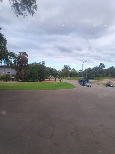 The image shows a view of a street scene in Montevideo, Uruguay, specifically near the Estadio Centenario. In the middle ground, there is a multi-lane road with a blue bus pulled over to the side. A silver car is behind the bus. A black car is moving down the road in the other direction. The road is bordered by grass and mature trees. In the background is a building with a gray facade. The sky is overcast. The foreground is a large expanse of gray asphalt.