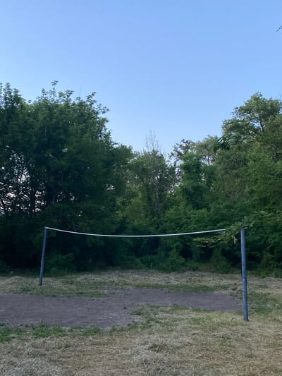 A volleyball net stretches across a dirt court, flanked by dry grass and dense green trees. The sky above is a clear, pale blue, suggesting either dawn or dusk. The scene appears to be an outdoor recreational area, possibly in a park or a backyard, in Repyakhovka, Russia. No people are present in the image.