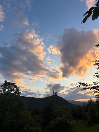 This serene landscape captures a beautiful sky over a mountainous region, likely at sunset or sunrise, given the warm, golden hues illuminating the clouds. The image is composed vertically, looking up towards the sky and across the distant landscape.
The sky is a prominent feature, filled with a dynamic array of clouds. Many of these clouds are voluminous and textured, reflecting a soft, golden-orange light, suggesting the sun is low on the horizon, either rising or setting. Other cloud formations are darker, contrasting with the brighter, illuminated ones, and patches of clear blue sky are visible between them.
Below the sky, dark, undulating silhouettes of mountains stretch across the horizon, suggesting a range of varying elevations. These mountains are covered in dense vegetation, appearing dark against the lighter sky, further emphasizing the crepuscular light. In the foreground and extending along the sides of the frame, the dark silhouettes of trees and foliage are visible. Some branches with leaves intrude into the upper and lower portions of the sky, adding depth and framing the view. The overall impression is one of natural beauty and tranquility.
The location is Iamna, Bulgaria, a mountainous area consistent with the visual cues in the image. There is no visible text in the image.