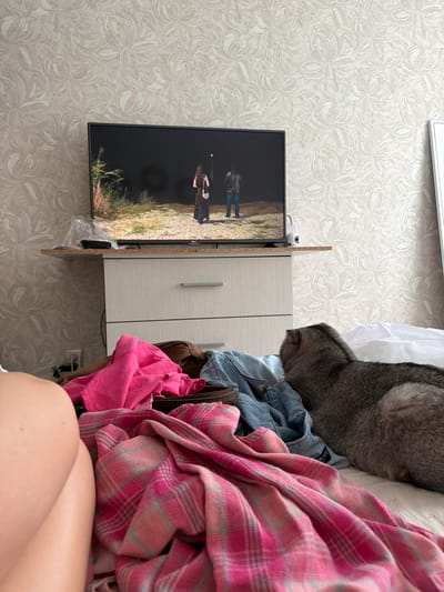 This image captures a cluttered domestic scene, likely a bedroom or living area in Semiluki, Russia. The primary subjects are a television screen displaying a still image of two individuals, a pile of clothing, and a portion of a cat. The television is mounted on a thin wooden stand, which is propped against a wall covered in a pale, patterned wallpaper. The TV screen shows two people standing in an outdoor environment with tall grass and trees.
A significant portion of the right side of the image is dominated by a heap of laundry. This includes a denim jacket, a bright pink fabric, and a pink and blue plaid blanket. A brown leather bag is also partially visible within the pile. Above the clothing, a grey cat's back and tail are visible, suggesting it's resting on the pile or the furniture behind it.
Adjacent to the television stand is a light-colored cabinet with two drawers, each featuring a silver handle. The cabinet is positioned on a floor with a textured pattern. In the background, near the top of the image, a white curtain or sheet is visible.
The overall impression is one of a lived-in space with items out of place. There is no discernible time of day or weather information. The scene evokes a sense of casualness and perhaps a moment of pause, with the television on and laundry waiting to be put away. The visible text on the denim jacket reads "W.JEANS".