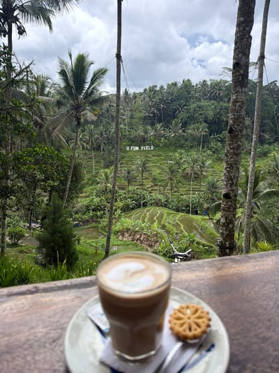 A high-angle, medium shot shows a latte on a saucer with a small cookie on a wooden table. The saucer also holds a wrapped sugar packet and a utensil. Beyond the table, the view is of a terraced rice paddy field in Tegal Suci, Indonesia. Trees and palm trees dot the landscape, and a sign that says "U Fun Field" is visible on one of the terraces. The sky is overcast. Electrical lines run through the trees.