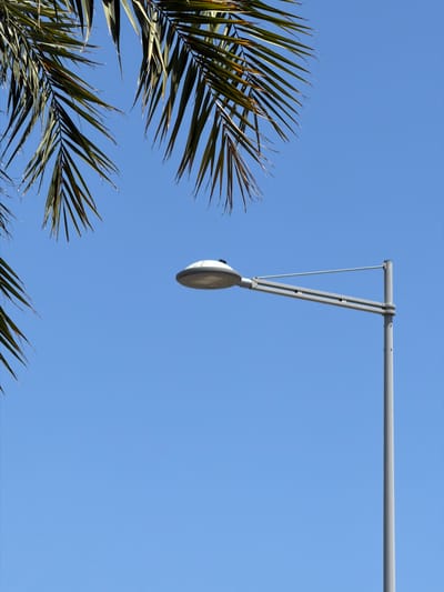 The image shows a street lamp against a clear blue sky. Palm fronds hang from the upper left corner. The street lamp is silver and mounted on a pole. The scene appears to be outdoors. There is no information about the specific location in Castelló de la Plana, Spain, within the image itself.