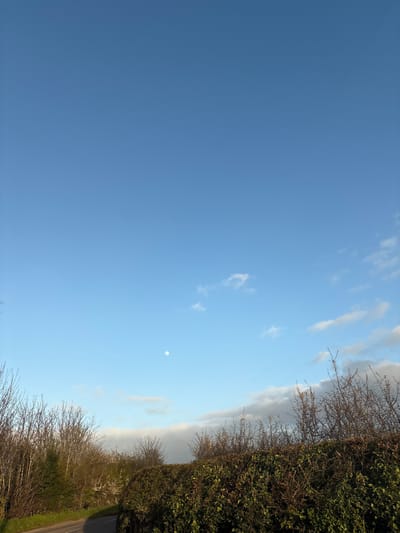 The image depicts a daytime sky in Minsterley, United Kingdom. The majority of the frame is occupied by a clear blue sky with sparse, wispy clouds. A bright, circular object, likely the moon, is visible in the upper right quadrant. Along the right edge of the frame, there is a line of dense, green foliage and bare, leafless branches suggesting a hedgerow or treeline. A glimpse of a dark asphalt road bordered by grass is at the bottom right.