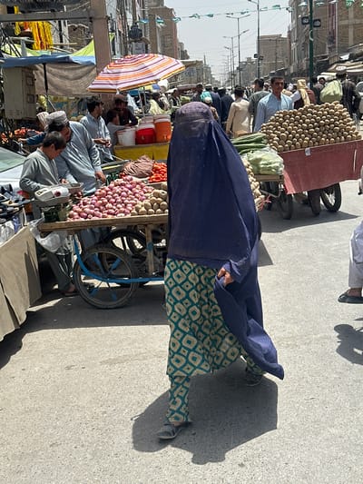 In the city of Chaman, Pakistan, a busy street market is depicted. A woman wearing a dark blue burqa walks across the scene from right to left. She is accompanied by a vendor with a cart filled with produce, including potatoes and onions. In the background, other vendors and shoppers are visible amidst stalls and market structures. The image captures a lively atmosphere with a variety of goods on display.