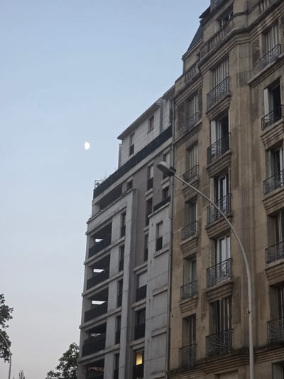 The image captures a view of apartment buildings in Montrouge, France, under a pale, overcast sky. A bright, nearly full moon is visible in the upper left quadrant of the sky. In the foreground, two distinct architectural styles of buildings are presented side-by-side. The building on the right is older, constructed of weathered, beige stone, featuring numerous windows, some with closed shutters and others open, revealing interiors. Decorative architectural elements, such as cornices and patterned balcony railings, are visible. A street lamp with a curved pole extends upwards from the lower right, its light fixture partially obscured. Adjacent to it, on the left, is a more modern building, lighter in color, with a repeating pattern of balconies and window openings. The upper stories of the modern building have a darker railing. Trees are partially visible at the bottom left and right edges of the frame, with lush green foliage. The overall scene suggests an urban environment, likely during twilight or early morning hours due to the subdued lighting and the presence of the moon.