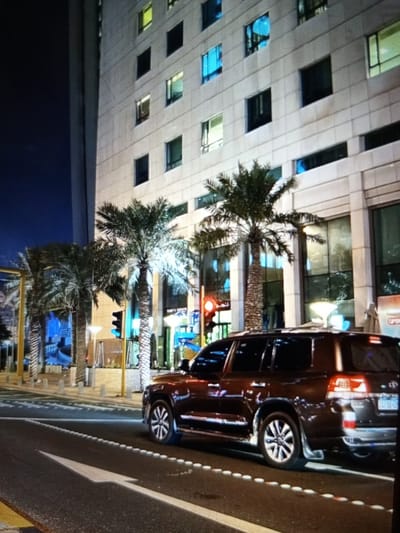 The image depicts a nighttime urban scene in Golbembal, Nigeria. A dark-colored SUV, likely a Toyota Land Cruiser, is parked on the right side of the road, facing away from the viewer. The vehicle's taillights are illuminated. In the background, a modern building with numerous windows is visible. Several palm trees are situated along the sidewalk, some of which are illuminated by artificial lighting. A traffic light, showing a red signal, is present near the center of the frame. The road surface is asphalt, marked with white lines indicating lanes. The overall impression is of a well-lit, contemporary cityscape at night.